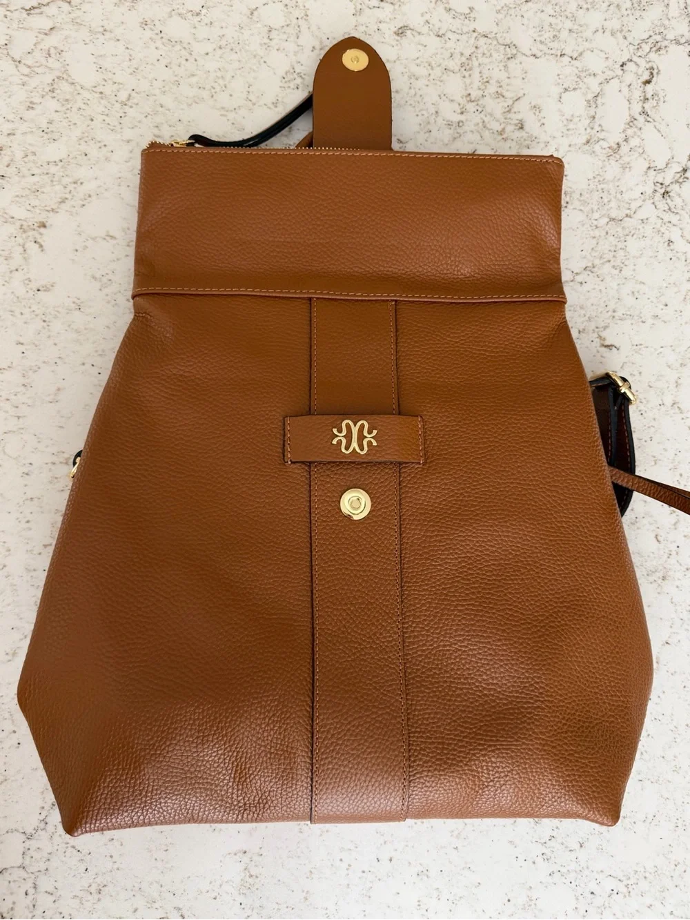 Stauer Pebbled Brown Leather Backpack with Gold Hardware